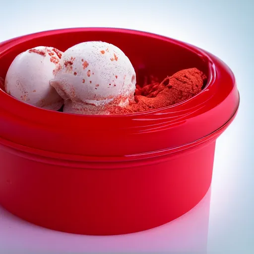 Prompt: Spicy Ice cream container, store shelf, red, hd photo, 4k