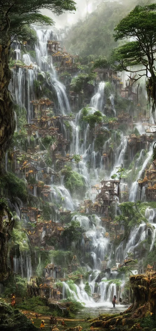 Image similar to wooden elven City with golden roofs, arches and bridges on top of a WATERFALL in the fall, gnarly trees, lush vegetation, forrest, a small stream runs beneath the waterfall, landscape, raphael lacoste, eddie mendoza, alex ross, john howe, concept art, matte painting, highly detailed, rule of thirds, dynamic lighting, cinematic, detailed, denoised, centerd, clean render