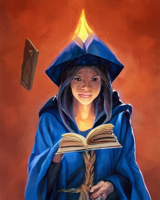 Prompt: a female dnd wizard's portrait by ray swanland and rhads, black, african, blue robes, papers and tomes