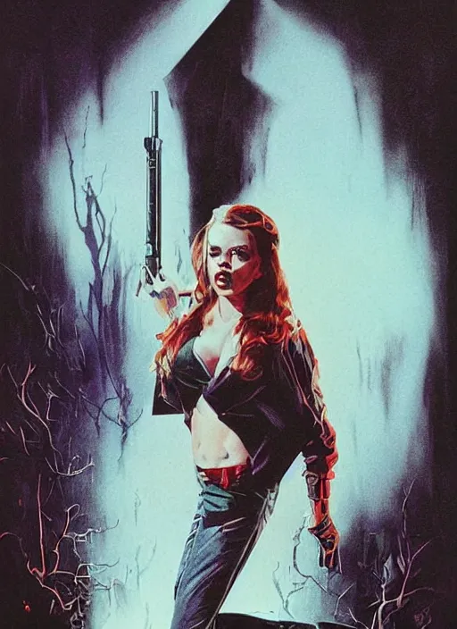 Prompt: scarlett johannson as the final girl, slasher, horror, high details, intricate details, by vincent di fate, artgerm julie bell beeple, 1 9 8 0 s, inking, vintage 8 0 s print, screen print