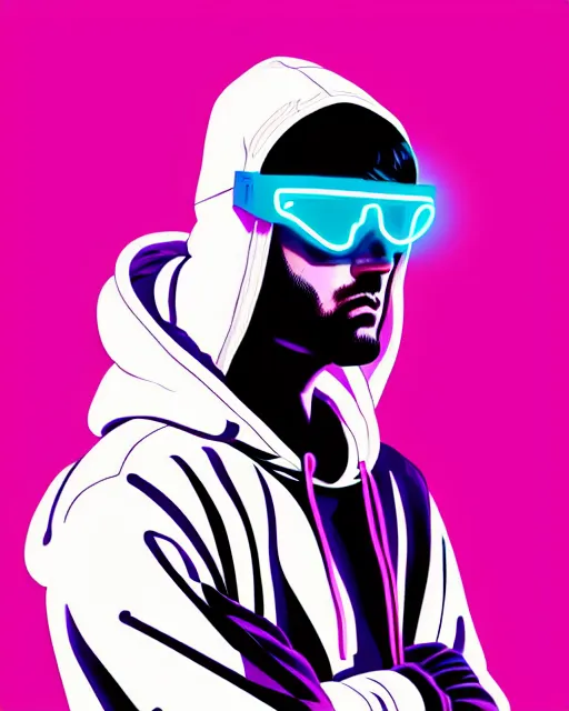 Image similar to edm art, pop art, hyper - realistic detailed portrait of a man in a hoodie, with neon visor, by atey ghailan, by greg rutkowski, by greg tocchini, by james gilleard, by joe fenton, by kaethe butcher, sharp focus