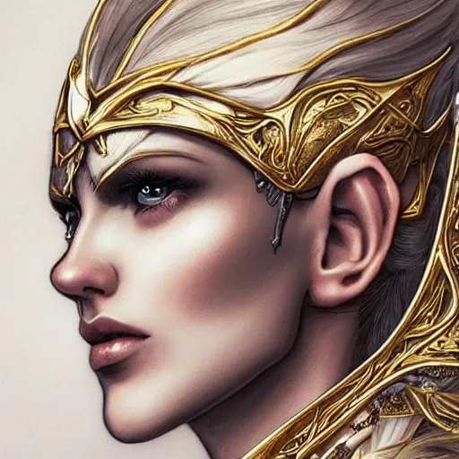 Prompt: side portrait!!! of a female elven warrior, fantasy, head tilted down, white hair, gold armour, gold jewelry, white skin, detailed face!!!!!, trending on artstation, gsociety, D&D, elegant, symmetrical facial features, highly detailed, sophisticated, hyperrealistic, detailed illustration, smooth, sharp focus, upper body, intricate, rule of thirds, holy glow, backlit, hd 4k by Greg Rutkowski, Charlie Bowater, Karol Bak