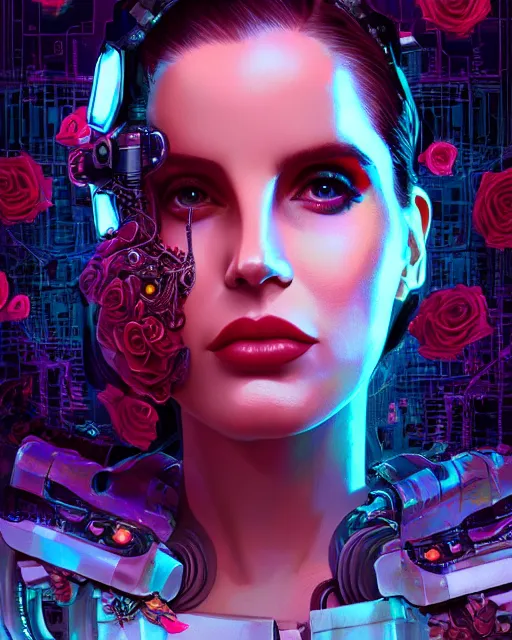 Image similar to portrait of lana del rey as a cyberpunk cyborg. sci - fi intricate abstract upper body intricate artwork, roses, rose petals by tooth wu, wlop, beeple, dan mumford. concept art, octane render, trending on artstation, greg rutkowski, asymmetrical, cinematic arthouse, key art, hyper realism, iridescent accents