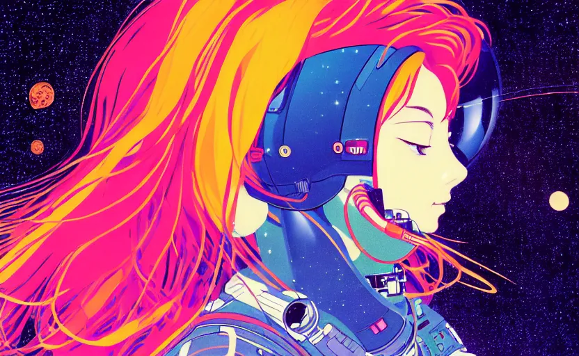 Prompt: fully body portrait of a young astronaut girl with flowing hair, anime, shigeto koyama,jean giraud, manga, bright colors, beautiful, 28mm lens, vibrant high contrast, gradation, cinematic, rule of thirds, great composition, intricate, detailed, flat, matte print, sharp,clean lines,gustav klimt