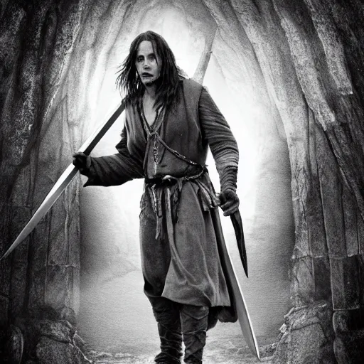 Image similar to symmetry!! photography of johnny depp starring in the lord of the rings as aragorn wielding a sword, detailed - face!!, full - body - picture, wide - angle!!, cinematic, intricate, elegant, highly detailed, film still, nikon, canon eos, zeiss lens, dramatic lighting, sharp - focus!!, photography!!