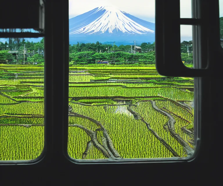 Image similar to a photo of mount fuji, japanese ladscapes, rice paddies, sakura trees, seen from a window of a train. cinematic lighting.