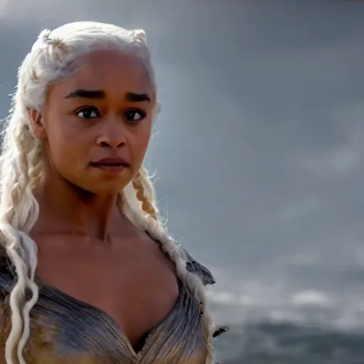 Prompt: tatyana ali as daenerys targaryen golden hour cinematic