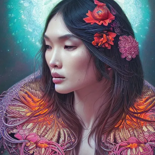 Image similar to portrait of gemma chan, hyper detailed masterpiece, neon floral pattern, jean giraud, digital art painting, darkwave goth aesthetic, psychedelic, artgerm, donato giancola and tom bagshaw