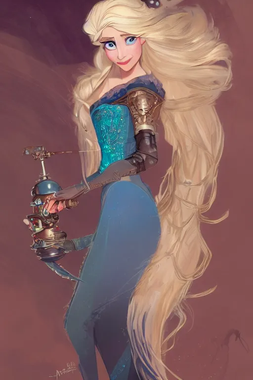 Image similar to elsa from frozen as steampunk cyborg princess, blonde hair, high fantasy, dnd, smooth, sharp focus, illustration, highly detailed, digital painting, artstation, concept art, by disney animation, rossdraws, alphonse mucha, frank fanzzeta, collectible card art