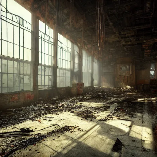 Image similar to fallout 5, indoors dilapidated partially ruined factory interior, rusted machinery, atmospheric lighting, painted, intricate, volumetric lighting, beautiful, daytime, sunny weather, slight overcast, golden hour, sharp focus, deep colours, ultra detailed, by leesha hannigan, ross tran, thierry doizon, kai carpenter, ignacio fernandez rios