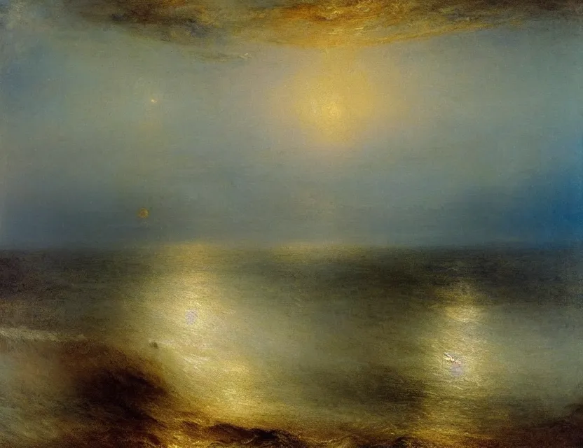 Image similar to sea, by JMW Turner, thick empasto oil paint, high textures, serene, cinematic, moonlight illuminating the scene