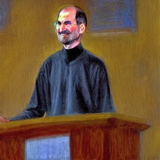 Image similar to impressionist painting of president steve jobs giving a speech