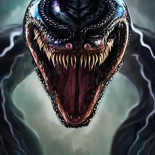 Image similar to portrait of venom, intricate artwork, concept art, octane render, deviantart, cinematic, key art, hyperrealism, iridescent accents, portrait photograph, nikon 3 5 mm, photograph by greg rutkowski