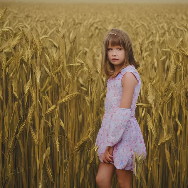 Image similar to A girl standing in a field, facing the wheat field, with the woods behind her