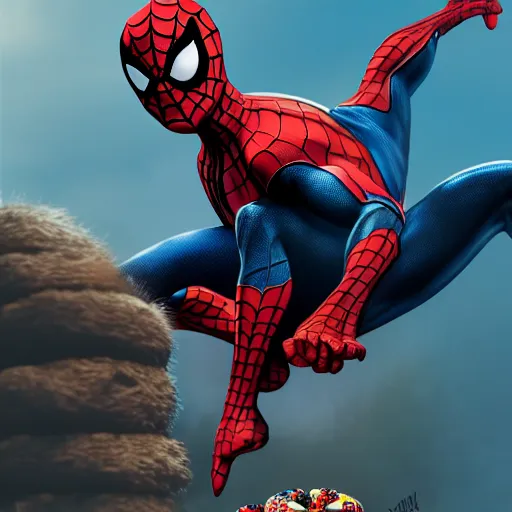 Image similar to spider - man sit on the raccoon and eating donuts, concept art, trending on artstation, highly detailed, intricate, sharp focus, digital art, 8 k