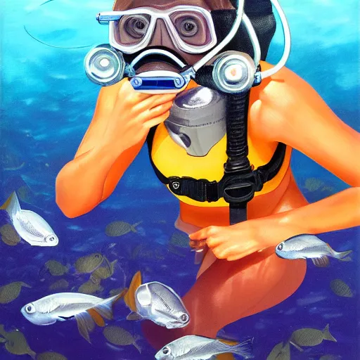 Prompt: a female diver having fun with the fish, hyperrealism