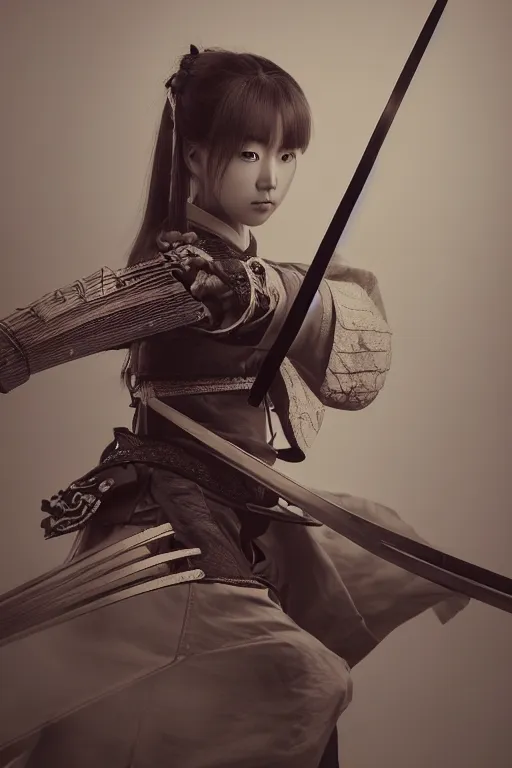 Image similar to highly detailed beautiful photo of a young female samurai, practising sword stances, symmetrical face, beautiful eyes, realistic anime art style, 8 k, award winning photo, pastels, action photography, 1 / 1 2 5 shutter speed, dramatic lighting