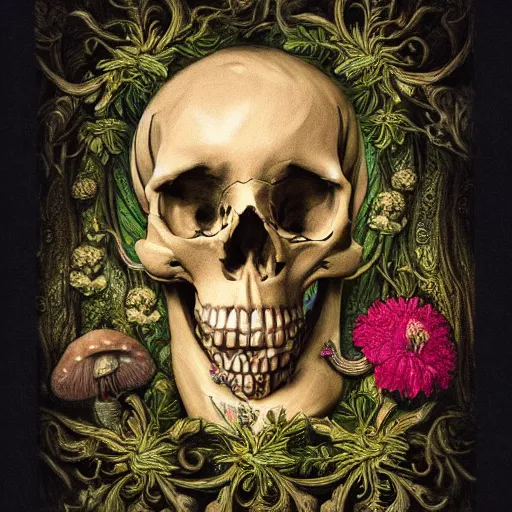 Image similar to a beautiful detailed front view rococo portrait of a rotten woman corpse becoming almost a skull with fractal plants and fractal flowers and mushrooms growing around, intricate, ornate, volumetric light, beautiful lit, polaroid photography, the northman