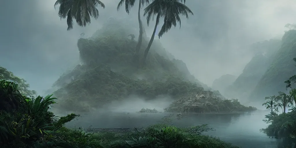 Prompt: epic matte painting of a misty jungle island on choppy seas, cinematic cinematography masterpiece, skull, greg rutkowski, and ivan aivazovski, roger deakins