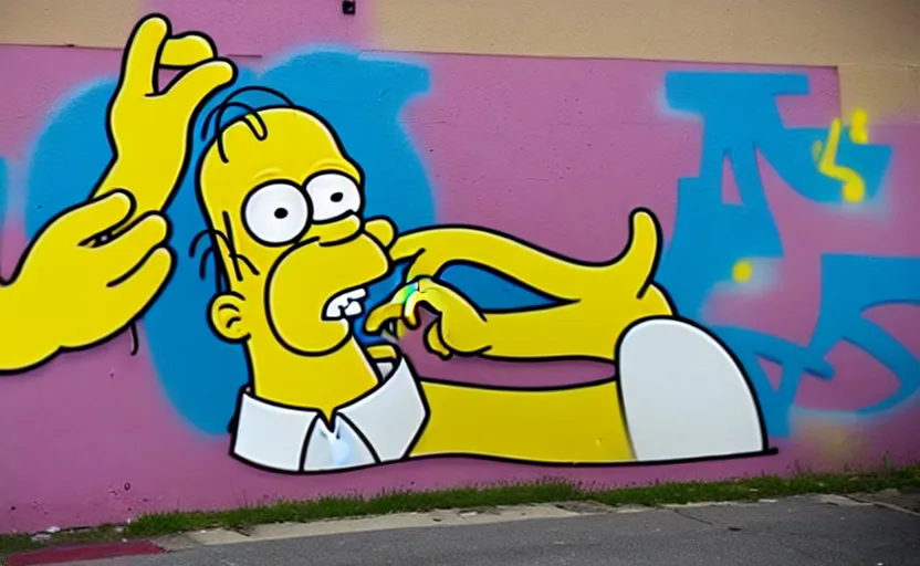 Prompt: a real life cartoon character homer simpson covered with graffiti by henry chalfant