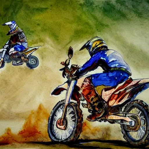 Prompt: dirt bike off - road motorcycle crash face ground dirt in water color painting style