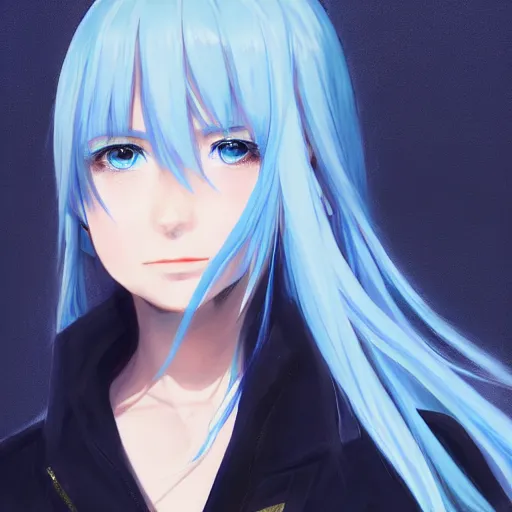 Image similar to full shot of rimuru tempest, sky blue straight hair, long bangs, with amber eyes, wearing a fancy black jacket, high collar, ultra detailed, brush strokes, digital painting, cinematic, wlop artstation, closeup, pixiv, intense, intimidating glare, photorealistic, overpowering, makoto shinkai, rossdraws, andy warhol,