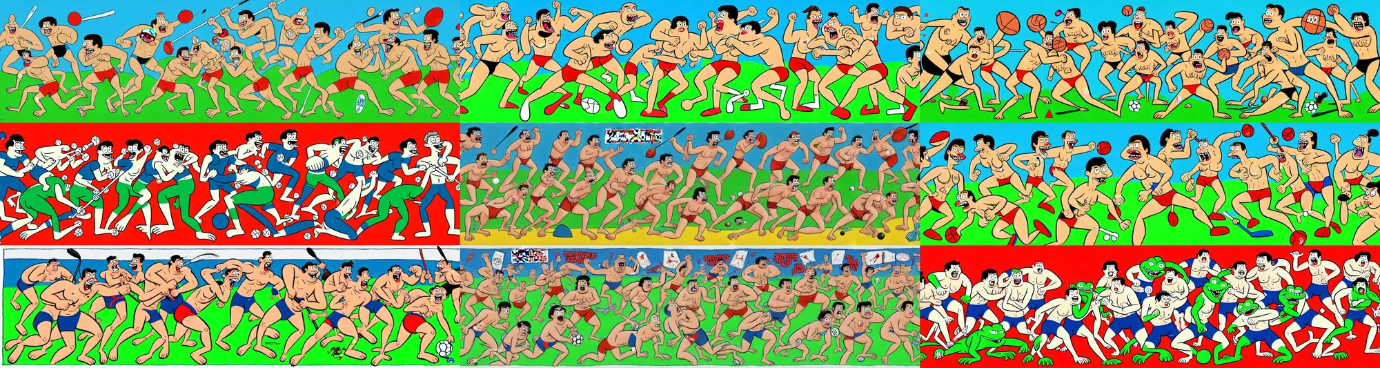 Prompt: a high quality focused photo of a horde of cartoonish sports illustrated hunks engaged in battle, in the style of matt furie, marc johns, joan cornella, rebecca sugar, and pendleton ward.