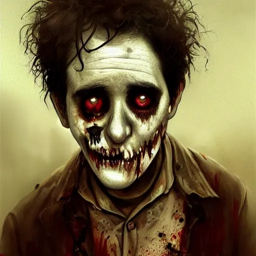 Image similar to young and innocent robert smith as a zombie looking cute and shy, 7 days to die zombie, fine art, award winning, intricate, elegant, sharp focus, cinematic lighting, highly detailed, digital painting, 8 k concept art, art by z. w. gu, art by brom, art by michael hussar, masterpiece, 8 k