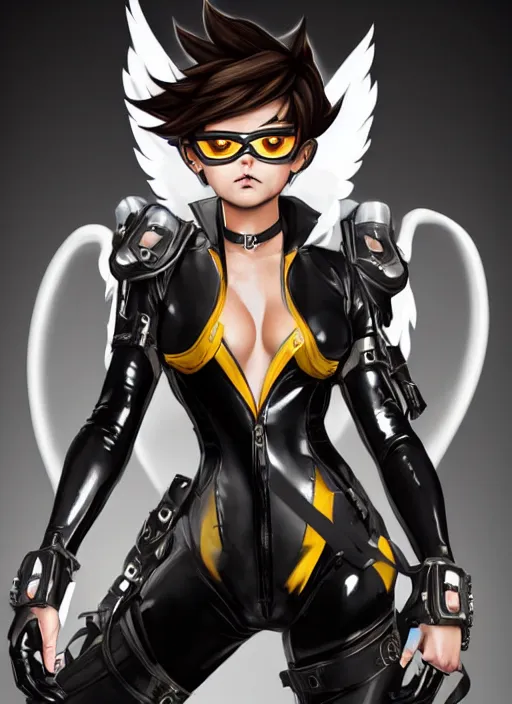 Image similar to full body artwork of tracer overwatch, wearing black latex outfit, in style of mark arian, angel wings, dramatic painting, wearing detailed leather collar, black shiny armor, chains, black harness, detailed face and eyes,