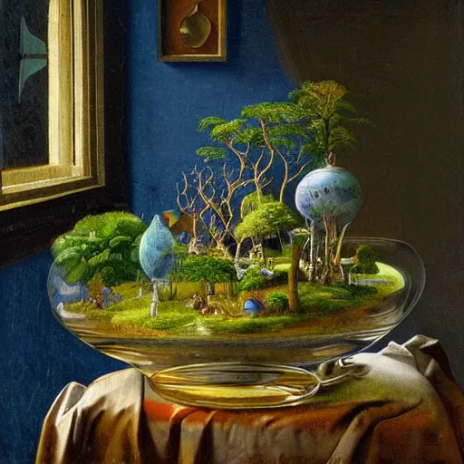 Prompt: still life painting of a miniature tabletop forest under an ornate glass dome, by paulette tavormina and vermeer, cool color - scheme with blues and greens, hyper realistic, sharp focus, detailed, beautiful bright lighting