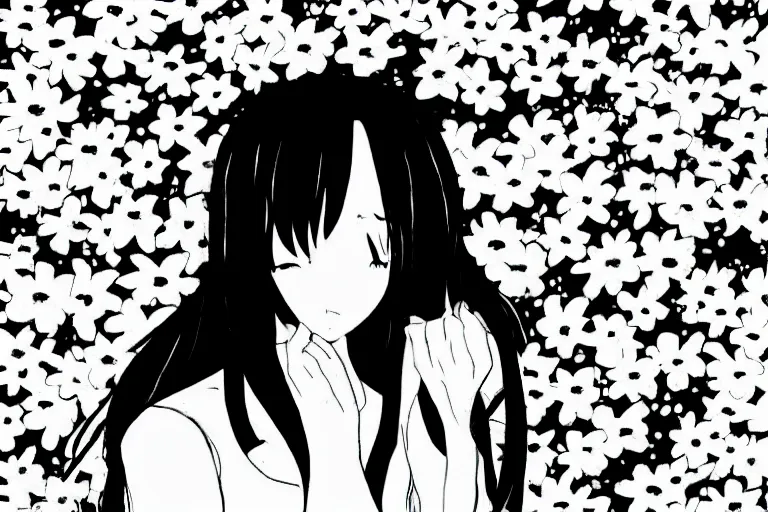 Image similar to “Extremely distraught black and white anime girl dramatically crying with flowers petals being blown around her by a violent wind, black and white”