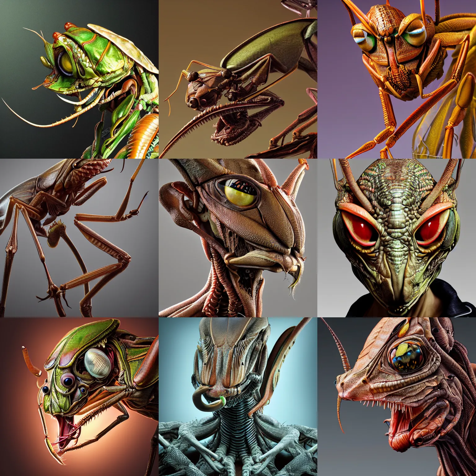 Prompt: studio portrait of anthropomorphic brown mantis, insectoid, hard predatory look, ultrafine hyperrealistic detailed face illustration by kim jung gi, irakli nadar, intricate linework, sharp focus, bright colors, matte, octopath traveler, final fantasy, unreal engine highly rendered, global illumination, radiant light, intricate environment
