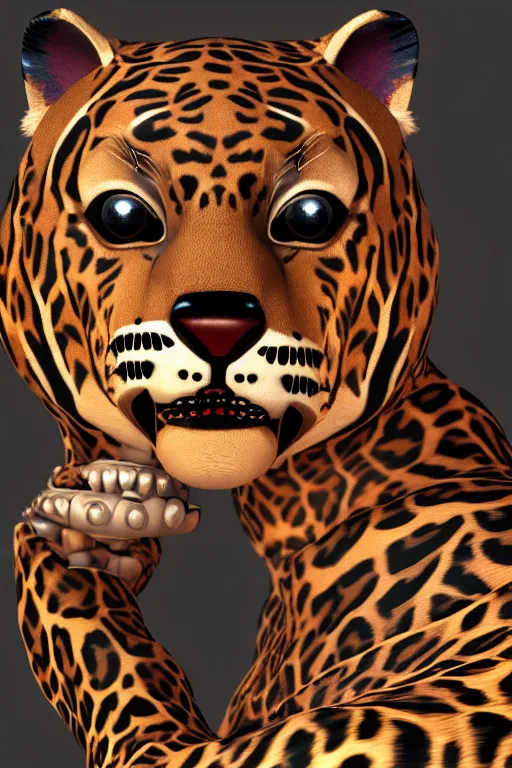 Image similar to 8K UHD Redshift render, Poser, 🐾wave, 🙀facecore, 🐯punk leopard panther, long wavy fur, bright eyes, long fangs, medium full shot, animal photography, anime, cartoon, Korean folk art