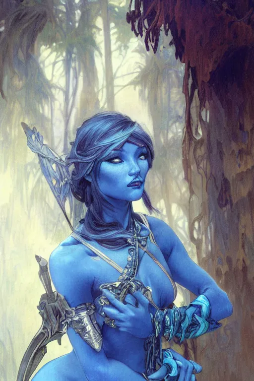 Prompt: painted portrait of drow ranger, blue skin, beautiful, dangerous, stoic, blue leather armor, ice arrows, jungle, fantasy, intricate, elegant, highly detailed, digital painting, artstation, concept art, smooth, sharp focus, illustration, art by gaston bussiere and alphonse mucha