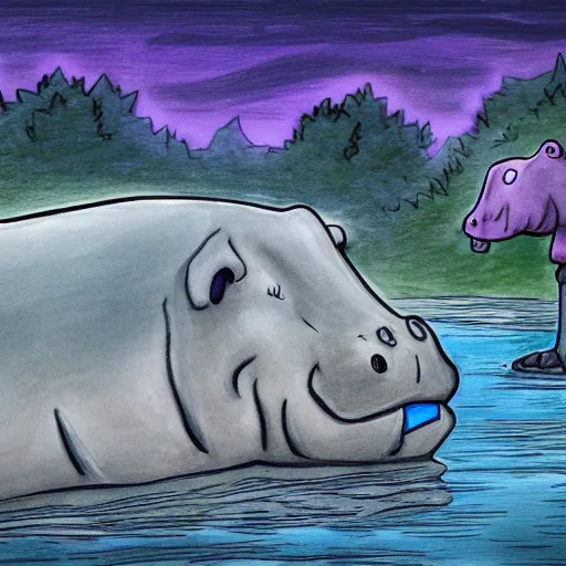 Image similar to sad hippo waking up in a beautiful river landscape, drawn by brigette barager, trending on artstation