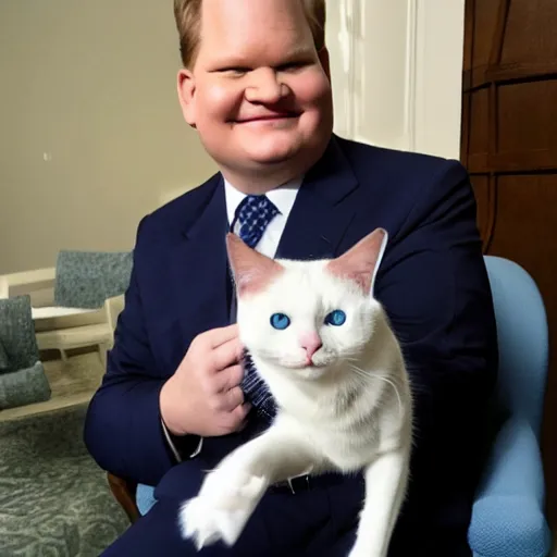 Image similar to Andy Richter wearing a blue dress shirt, necktie, navy dress pants sitting in a chair petting a calico cat