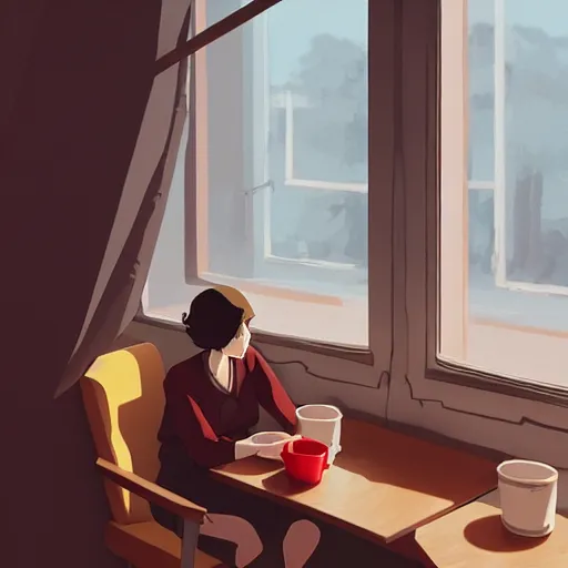 Prompt: woman sitting in a cafe, cottagecore, atey ghailan, goro fujita, studio ghibli, rim light, sharp lighting, clear focus, very coherent,