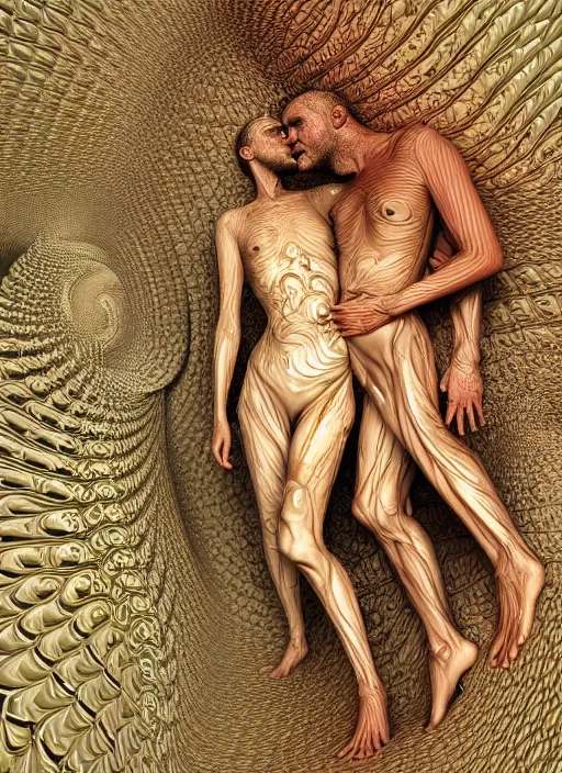 Image similar to beautiful human bodies intertwined, 3 d fractals, mandelbulb, dripping wet, skin, highly detailed, hyperrealism, cinematic