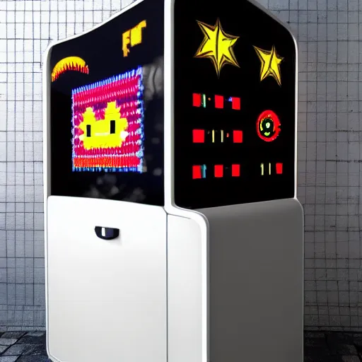 Image similar to pacman arcade machine, sun rays, hyperrealistic, photo realistic, realistic, beautiful white lighting, in the middle of the day, hyperdetailed, very detailed, good composition, rule of threes