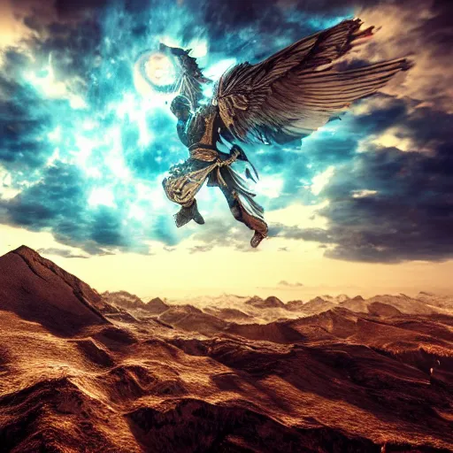 Image similar to turkic god of sky, tengri, cinematic lighting, render quality 8 k, detailed