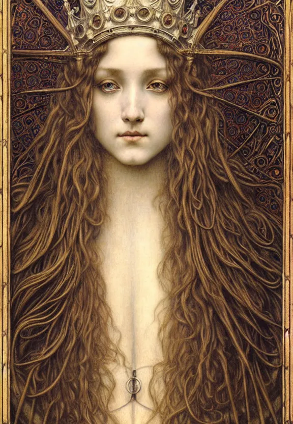 Image similar to detailed realistic beautiful young medieval queen face portrait by jean delville, gustave dore and marco mazzoni, art nouveau, symbolist, visionary, gothic, pre - raphaelite. horizontal symmetry