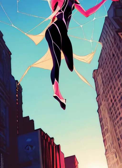 Prompt: Rafeal Albuquerque comic art, Joshua Middleton comic art, cinematics lighting, sunset colors, pretty female Emma Stone Spider Gwen Marvel comics, hanging from white web, playful smirk, symmetrical face, symmetrical eyes, full body, flying in the air, city in background