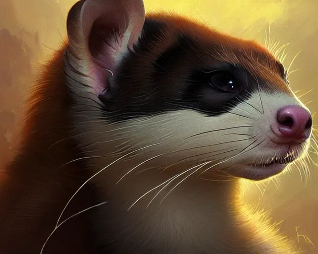 Image similar to close up of a ferret with scars and a face tattoo, deep focus, d & d, fantasy, intricate, elegant, highly detailed, digital painting, artstation, concept art, matte, sharp focus, illustration, hearthstone, art by artgerm and greg rutkowski and alphonse mucha