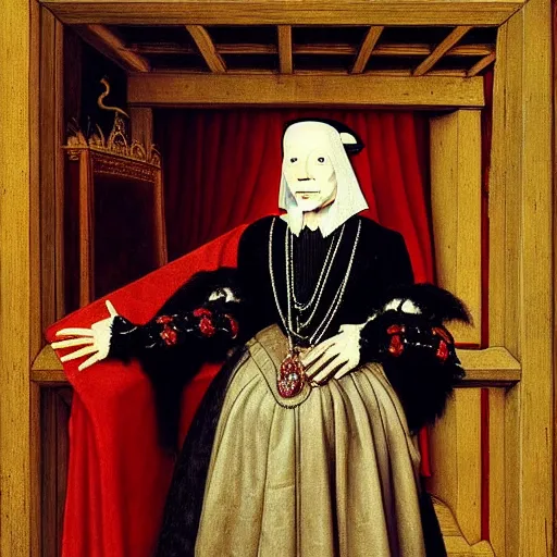 Image similar to a highly detailed painting of a raven, dressed in elegant tudor clothes, inside a room with thick red tapestries, by hans holbein