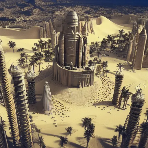 Image similar to cover concept art of the lost sand city, levitating sand, golden towers, golden pillars, palm trees, space and time, floating objects, post-processing, in the style of Hugh Ferriss, Behance, Artgerm. High detail, ultra realistic render, octane, 3D, photorealism, symmetric, cinematic