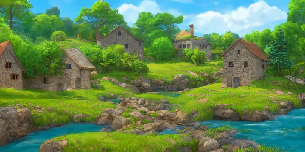 Image similar to a serene landscape with a small medieval stone house near a river in the style of Pixar, anime style, low saturation, high quality, highly detailed, 4k, complementary colours, cartoon