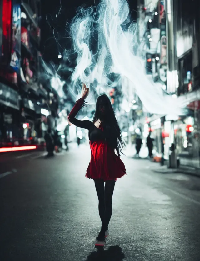 Prompt: portrait shot of a dark hair girl dressed by rick owens walking through shibuya lit by neons, night time, cinematic lights, annie leibovitz, 4k, highly detailed, glows, reflections, red leds, smoke, shallow depth of field, sigma 85mm 1.4