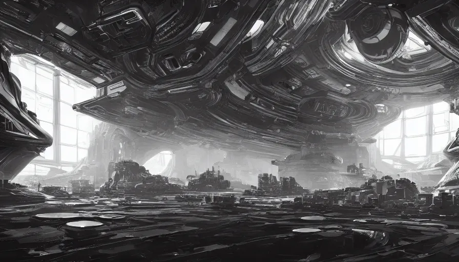 Image similar to Interior of a huge, bright black and white wonderful space base with lot of people in it, hyperdetailed, artstation, cgsociety, 8k