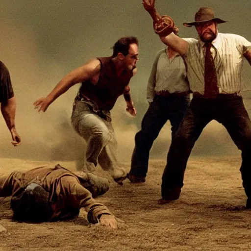 Image similar to Tech, and NFT bros running SD into the ground in the style of Sergio Leone