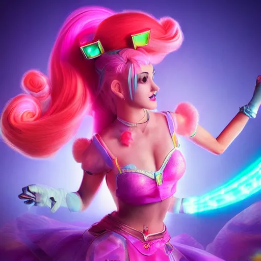 Image similar to Princess peach mixed with jinx from league of legends, dancing, background with neon lighting, raytrayced, octane render, epic composition, intricate details, hyperrealist, by Joe Benitez, WLOP, Alessandro Barbucci, Barbara Canepa